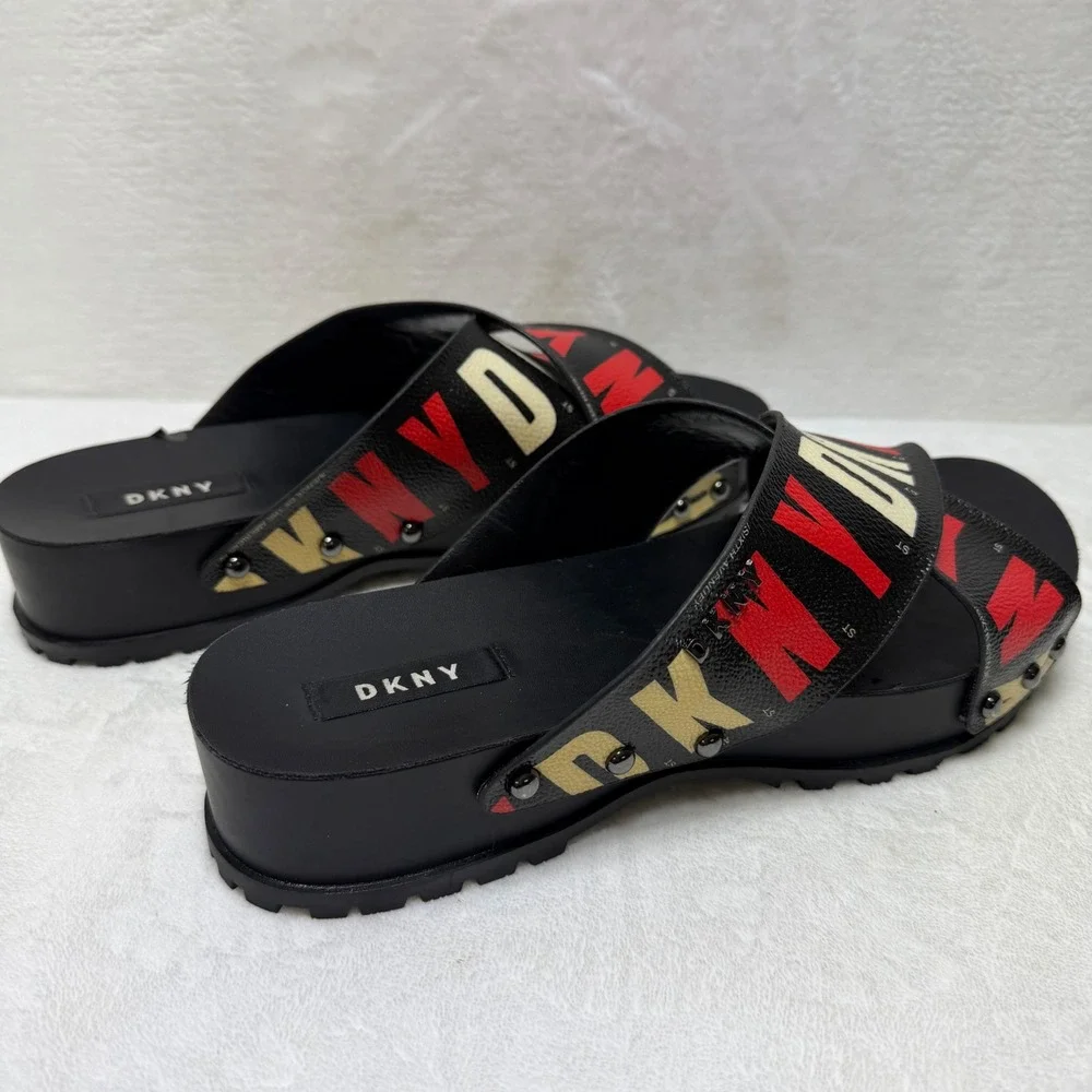 DKNY Womens Platform Slide Sandals Black Red White Crisscross Straps Studded